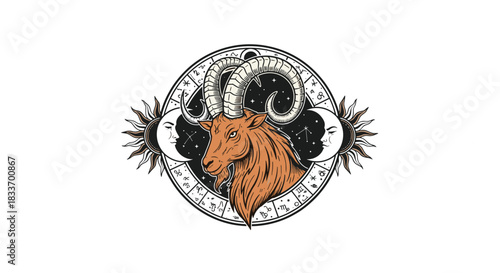 Detailed illustration of the Capricorn zodiac sign, featuring a majestic horned goat in an astrological circle, with sun, moon, and stars.
