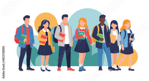 A diverse group of happy students with backpacks and books walking together, ready for school and learning, representing education and youth culture.