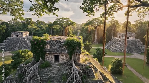 Ancient stone pyramid structures hidden within lush green jungle trees and vegetation with warm natural light