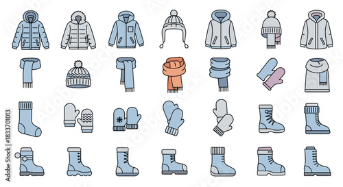 A collection of various winter clothing, accessories, and footwear illustrated as minimalist outline icons for cold weather season.