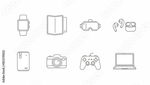 Illustration of various electronic devices including a smartwatch, foldable phone, and laptop shown in outline