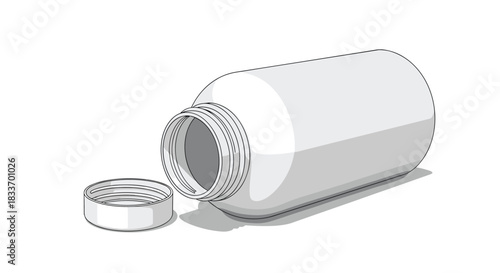 An empty white plastic bottle, typically used for pills or supplements, lies on its side with its cap removed, depicted on a clean white surface.