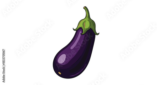 A single, fresh, purple eggplant with a green stem is depicted as a vibrant illustration on a clean white background.