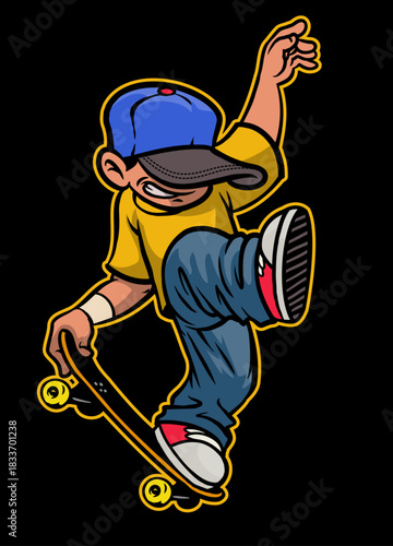 Boy Cartoon Playing Skateboard Trick