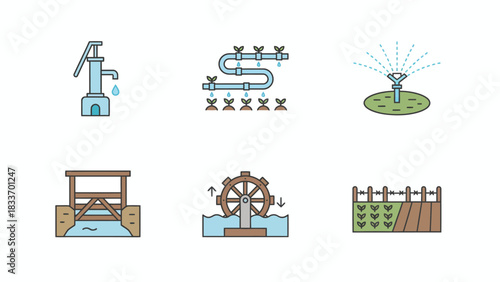 Illustration showcasing various irrigation methods including water pump, drip irrigation, and water wheel system