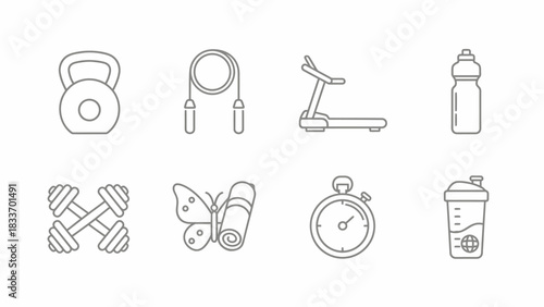 Illustration of fitness equipment including kettlebell jump rope treadmill and dumbbells and water bottle
