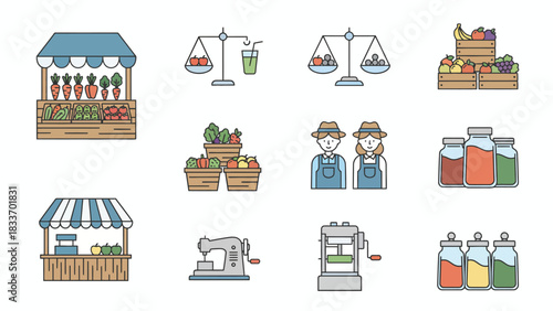 Illustration of farmers market with stalls produce scales and canning equipment in a flat design style