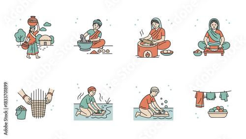 Illustrations depicting rural life activities including water carrying grinding cooking washing and clothes drying