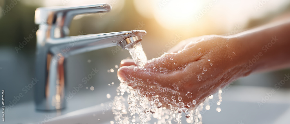 Fototapeta premium Washing hands under faucet is essential for hygiene, effectively removing germs and ensuring cleanliness. This simple act helps prevent spread of toilet germs and promotes health