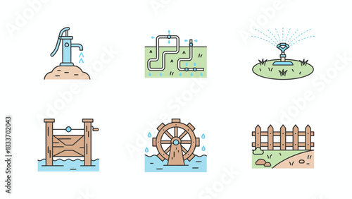 Illustration of various irrigation methods including a water pump, underground pipes, and a sprinkler system