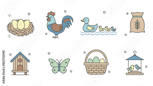 Illustration featuring a nest with eggs, a rooster, ducks, a bag of feed, and other farm related items