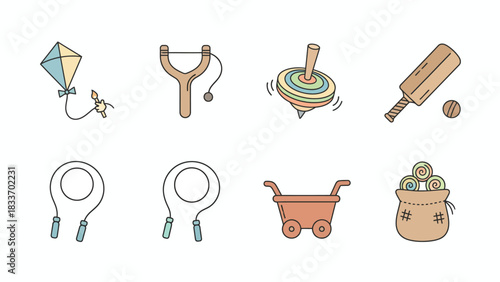 Illustration of a collection of children's toys including a kite, slingshot, spinning top, and more toys