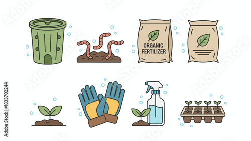Illustration showing gardening tools and supplies including compost bin, worms, fertilizer and plants