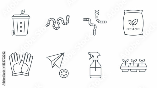 Illustration showing compost bin, worms, organic fertilizer, gloves, paper plane, spray bottle and sprouts