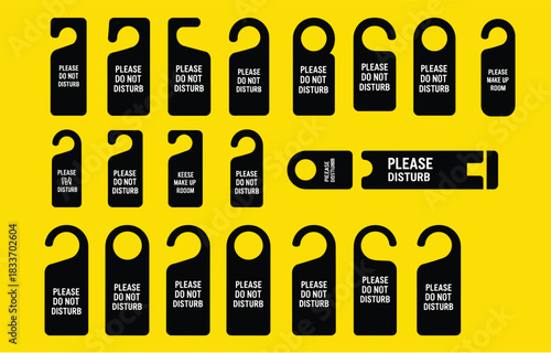 Hotel door hanger icons, do not disturb signs, make up room tags, privacy message designs, flat vector illustration, hospitality tools