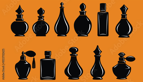 Perfume bottle icons, cosmetic packaging silhouettes, vintage and modern fragrance designs, atomizer shapes, beauty product set, flat vector illustration