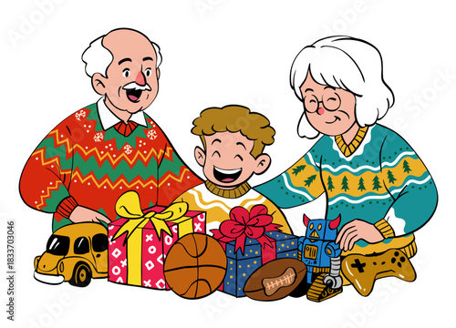 Grand father and Grandma and their grand son with bunch of Christmas gifts