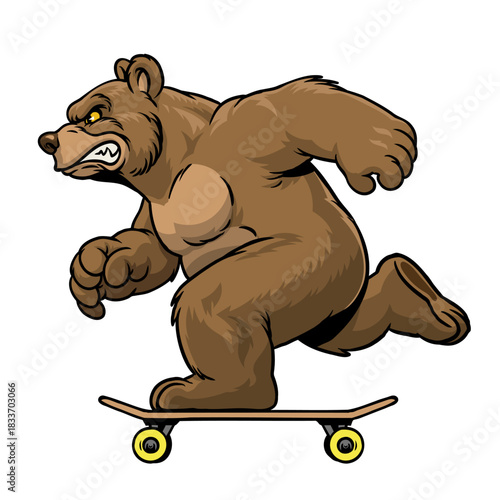 Hand Drawn Character Mascot Grizzly Bear Playing Skateboard