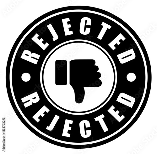 Black Rejected stamp seal with thumbs down icon isolated on white background