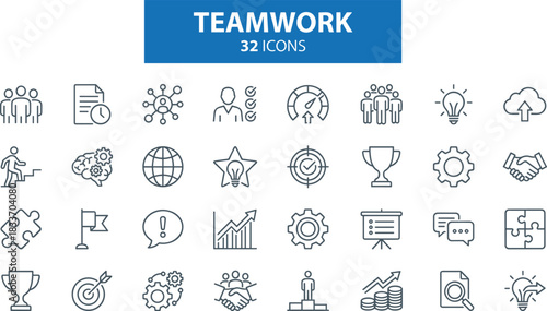Teamwork, Success, and Business Collaboration Line Icon Set, featuring Achievement, Strategy, Management, Innovation, and Partnership Symbols for Corporate UI/UX