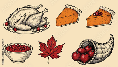 Hand-drawn vintage collection of traditional Thanksgiving dinner food items, including turkey, pumpkin pie, and a cornucopia.