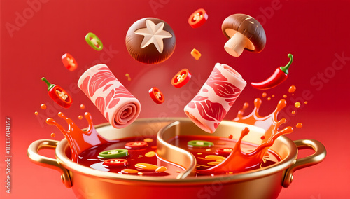 Ingredients swirling over a boiling red hotpot