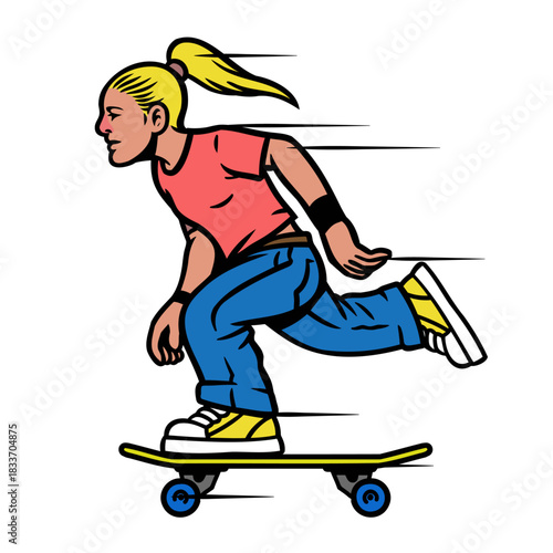 Skater girl mascot riding skateboard