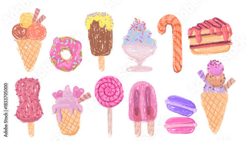doodle crayon dessert collection with ice cream popsicles and donut, gelato cones and chalk textured sweet food illustrations. Colorful hand drawn treats - candy cane, layered cake and macarons.