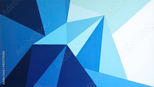Geometric abstract artwork displays various shades of blue, creating a striking and modern visual experience with a sense of depth.