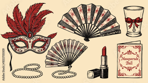 Hand-drawn vintage collection of masquerade ball accessories, including a feathered mask, fans, pearls, lipstick, and an invitation.