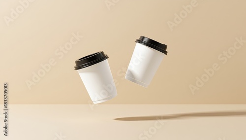 Two white takeaway coffee cups with black lids are suspended in the air against a neutral beige background, casting a subtle shadow, evoking a sense of calm and minimalist design.