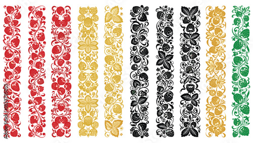 Ornate vertical borders featuring strawberry plant motifs in red, gold, black, and green on an isolated background.