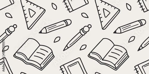Seamless School Doodle Pattern with Books, Pencils, Paper, and Rulers in Simple Hand-Drawn Cartoon Style, Clean Black Outline, Light Background, Tileable Repeating Vector Design