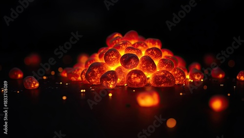 Illuminated glowing objects emit radiant light against a dark background, creating a warm ambiance with bokeh effects.