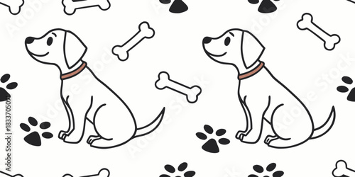 Seamless Dog Doodle Vector Pattern with Hand-Drawn Puppies, Bones, and Paw Prints in a Cute Cartoon Style, Tileable Repeating Design for Pet-Themed Commercial Use