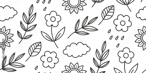 Seamless nature doodle vector pattern with hand-drawn leaves, flowers, sun, and clouds in simple cute black outline style, clean repeating tileable botanical illustration