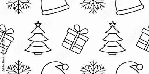 Seamless Christmas doodle pattern with hand-drawn Santa hats, trees, snowflakes, and gifts in cute simple black outline style, festive repeating tileable holiday vector design