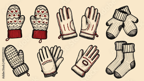 Hand-drawn vintage collection of winter handwear and footwear, featuring patterned mittens, gloves, and cozy knitted socks.