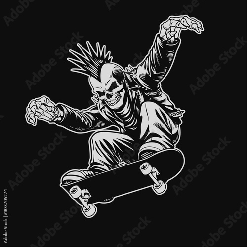 Skull Punk Skateboarding Hand Drawn Style