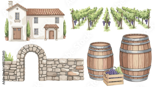 Watercolor collection of vineyard and winery elements, featuring a rustic villa, grape vines, wine barrels, and a stone arch.