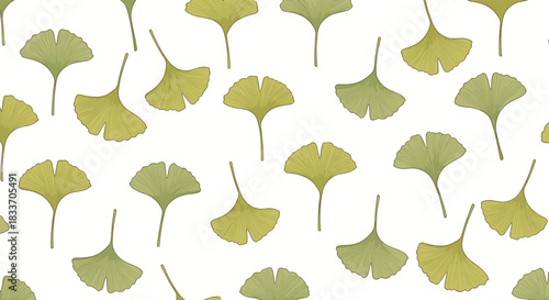 A serene and elegant seamless botanical pattern of green and yellow ginkgo biloba leaves scattered on a clean white background.