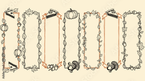 Hand-drawn vintage collection of vertical frames decorated with Thanksgiving elements like turkey, pumpkin pie, and autumn leaves.
