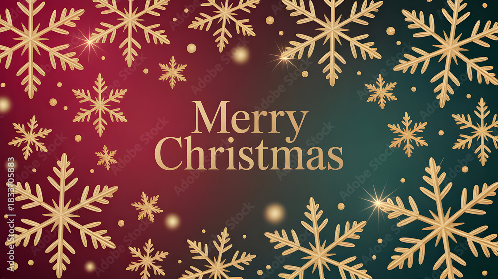 Fototapeta premium Merry christmas greeting card with golden snowflake border and glitter on red green background