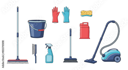 A comprehensive vector set of essential household cleaning equipment including a vacuum cleaner, mop, bucket, gloves, and sprays.