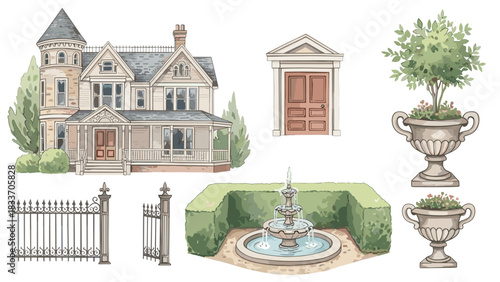Watercolor collection of elegant Victorian architecture and garden elements, including a mansion, fountain, and ornate gate.