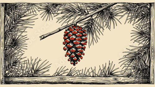 Vintage hand-drawn illustration of a snow-dusted pinecone on a branch, framed by detailed pine needles for a rustic feel.