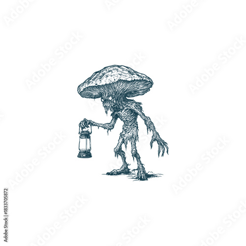 vintage-style illustration of a monstrous mushroom creature, a creepy fungoid horror holding an old lantern