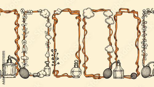 Seamless horizontal border made of vertical vintage frames, decorated with perfume bottles, ribbons, flowers, and other romantic elements.