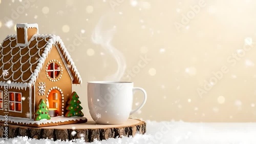 Steaming hot chocolate mug next to lighted gingerbread house with falling snow.