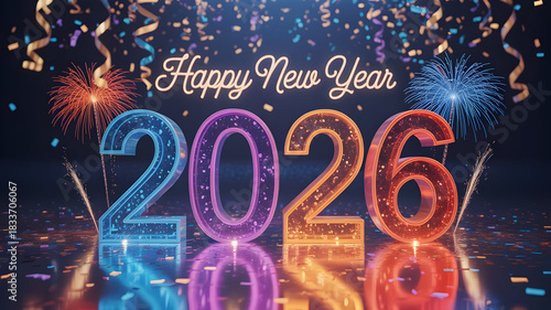 Happy new year 2026 celebration with glowing number, confetti, and firework display